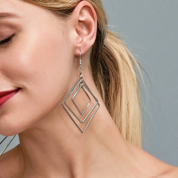 Any 3/$25! Silver Triple Rhombus Drop Earrings - Picture 3 of 7